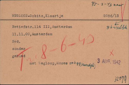 Kaart Joodse Raad van Klaartje Wegloop - Gobitz, bron: Arolsen Archives  