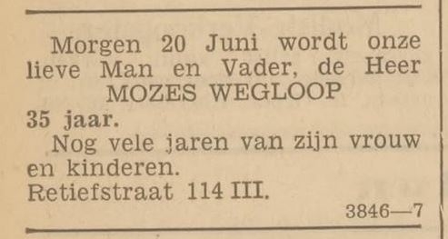 Kleine advertentie waarin vader Mozes Wegloop wordt gefeliciteerd, bron: het Volk van 19 juni 1934   
