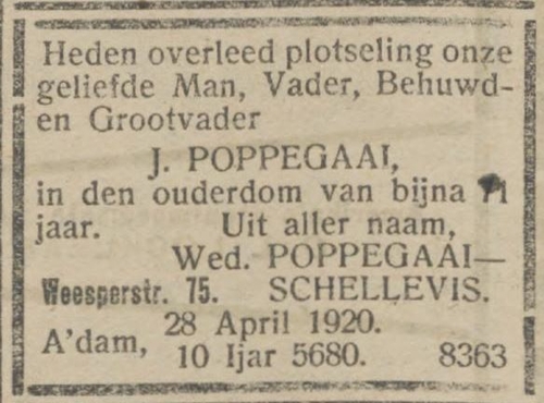 Overlijdensbericht van J(oseph) Poppagaai op 28 april 1920, bron: het NIW van 30 april 1920.  