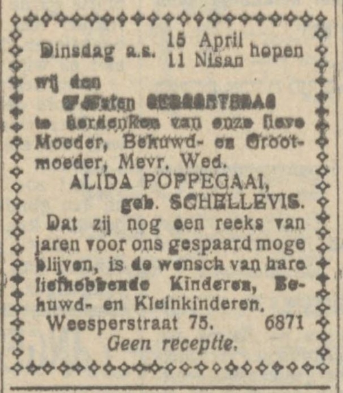 Familiebericht n.a.v. de 75ste verjaardag van Alida Poppegaai – Schellevis, bron: het NIW van 11 april 1924   