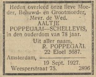 Overlijdensbericht van Alida Poppegaai – Schellevis, 78 jaar oud, bron: het NIW van 23 sept. 1927  