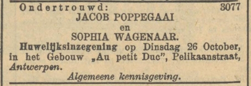 Aankondiging ondertrouw met aankondiging van de huwelijksdatum van Jacob Poppegaai met Sophia Wagenaar, bron: Het NIW van 15 september 1909.  