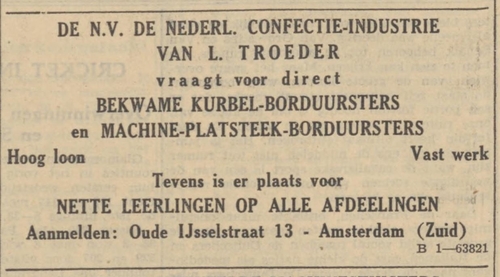 Advertentie voor de L. Troeder uit 1937, bron: De Tijd van 5 mei 1937  