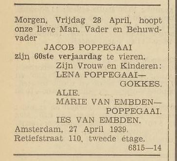 Familiebericht over de 60ste verjaardag van Jacob Poppegaai, bron: Het Volk van 27 april 1939   