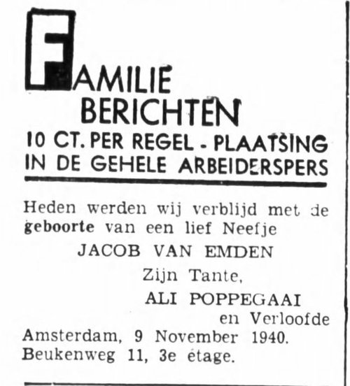 Familiebericht geplaatst door Tante Ali i.v.m. de geboorte van neefje Jacob van Embden, bron: Het Volk van 9 nov. 1940  