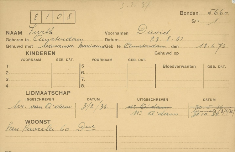 Lidmaatschapskaart van de Belgische Vakbond ADB van David Furth, bron: Diamantbewerkers.nl   