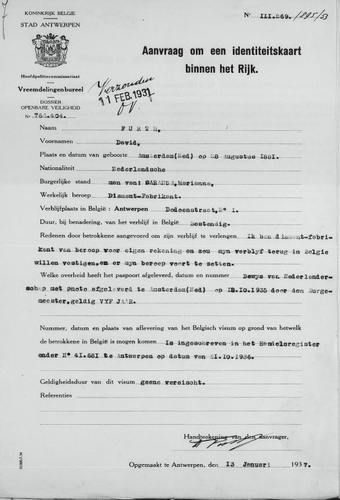 Aanvraag id. kaart voor België van David Furth in 13 januari 1937. Bron: Felix Archief, Antwerpen.  