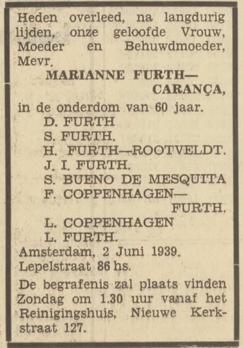 Overlijdensbericht van de vrouw van David Furth, Marianne Carança. Bron: Het Volk van 2 juni 1939  