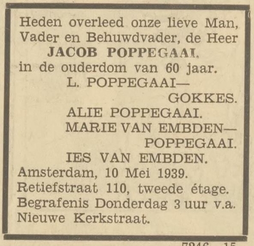 Familiebericht n.a.v. het overlijden van Jacob Poppegaai, bron: Het Volk van 10 mei 1939  