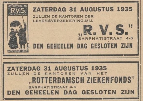 Advertentie i.v.m. sluiting van het Rotterdamsch Ziekenfonds, bron: De Standaard van 29 augustus 1935  