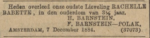 Het overlijden van Babette Rachelle Barnstein in een familiebericht van 10 december 1884 in het Algemeen Handelsblad.   