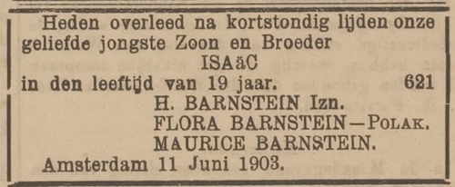 Familiebericht na het overlijden overlijden van Isaac Barnstein. Bron: Centraal Blad voor Isr. in Nederland van 19 juni 1903  