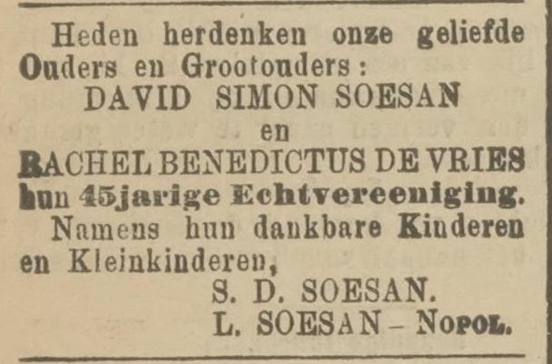 45-jarige echtvereniging van David Soesan en Rachel Benedictus de Vries, bron: Het Volksdagblad van 24-08-1900  