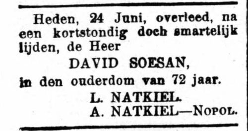 Overlijdensbericht van David Soesan in Het Volk van 26 juni 1902  
