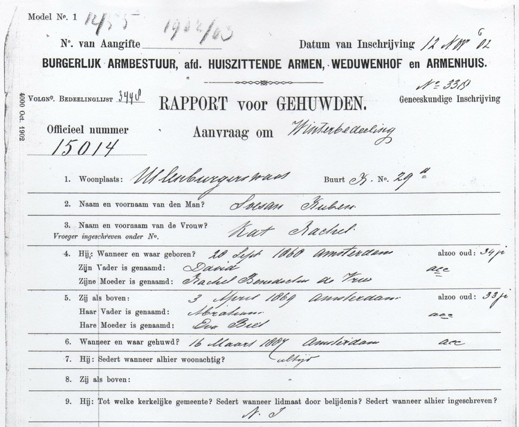 Formulier voor de aanvraag Winterbedeling in 1902, Bron: dossier HZA Ruben Soesan, SAA.  