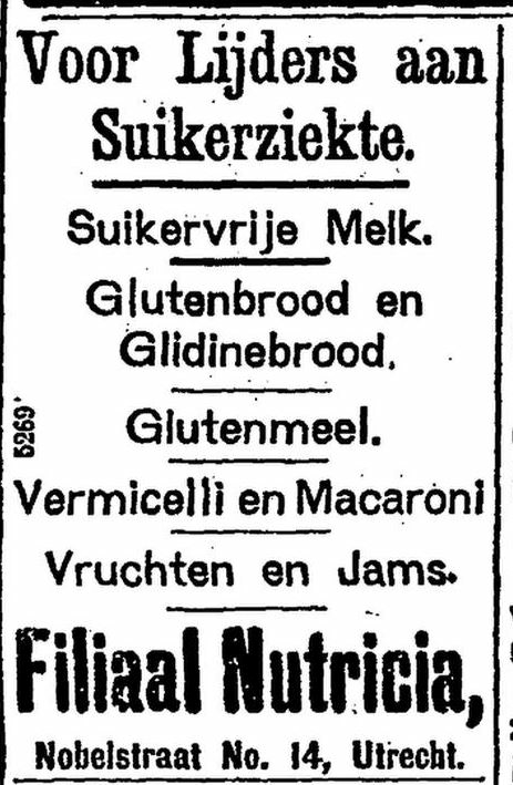 Advertentie voor gezonde voeding in relatie tot suikerziekte, bron: Het Centrum van 10 okt. 1909  