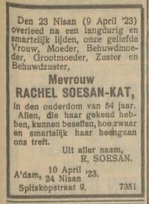 Familiebericht n.a.v. het overlijden van Rachel Soesan – Kat, bron: het NIW van 13 april 1923  