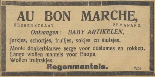 Een niet geheel foutloos gespelde advertentie voor Au Bon Marche te Semarang, bron: De Locomotief van 22 dec. 1922  