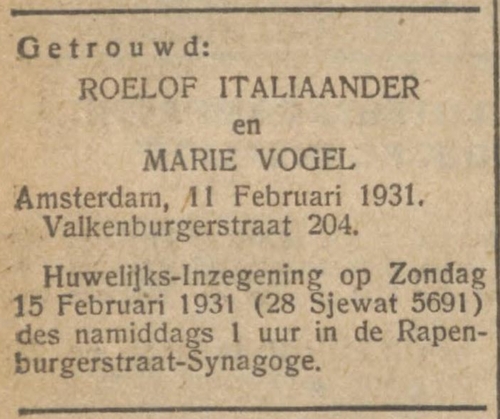 Familiebericht over het huwelijk van Maria en Roelof, bron: het NIW van 13 februari 1931  