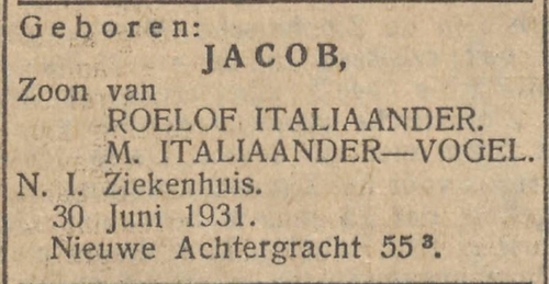 Geboortebericht van Jacob Italiaander, bron: het NIW van 3 juli 1931  