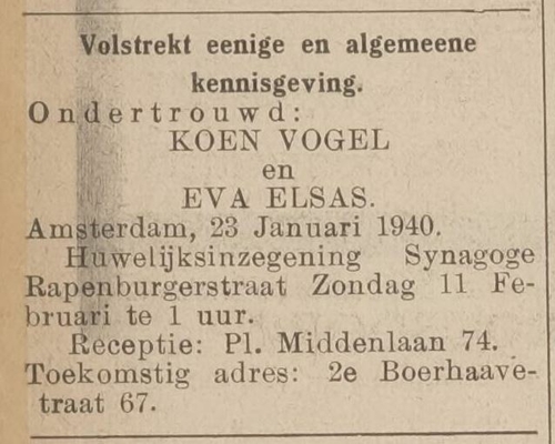 Ondertrouw van Koen en Eva, bron: Centraal blad voor Israëlieten in Nederland van 25-01-1940  