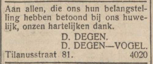 Huwelijk tussen Debora Vogel en David Degen, bron: het NIW van 29 januari 1937  