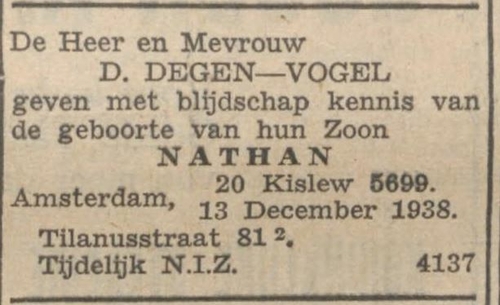 Geboortebericht van zoon Nathan Degen, bron; het NIW van 16 december 1938  
