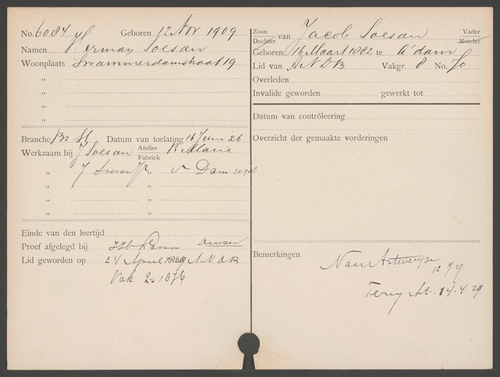 Lidmaatschapskaart (1) van de ANDB van Herman Soesan, bron: archief ANDB - IISG  