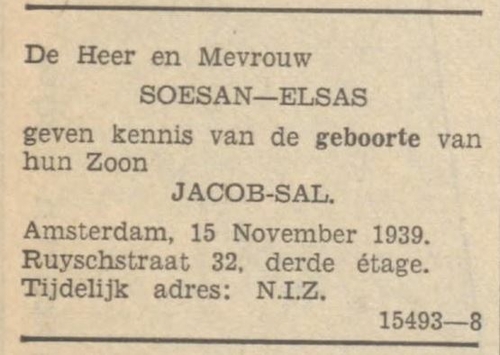 Familiebericht m.b.t. de geboorte van Jacob Salomon Soesan, bron:  Zaans volksblad : sociaal-democratisch dagblad van 16-11-1939  