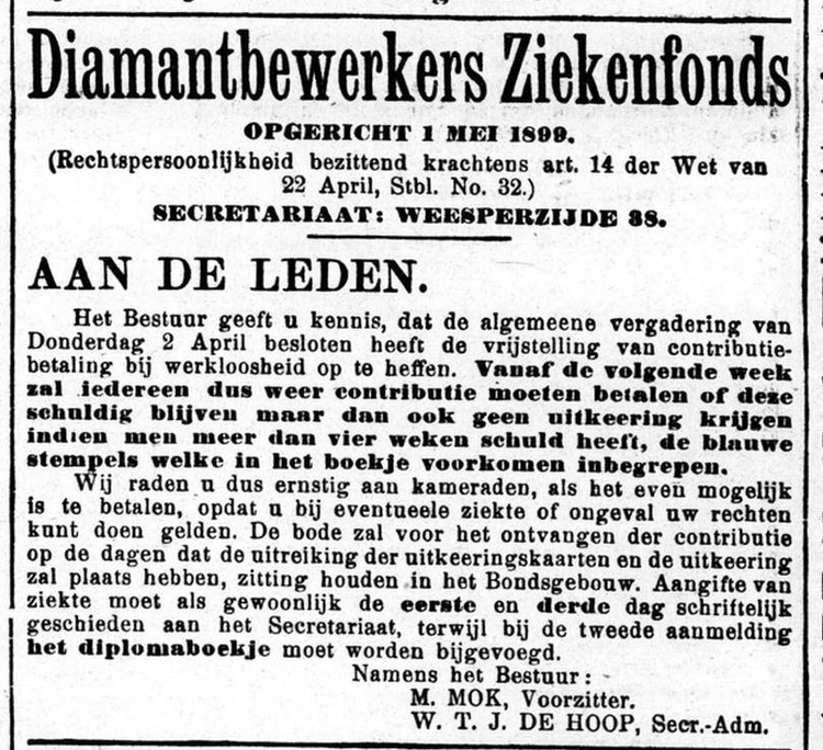Bericht over het Diamantbewerkers Ziekenfonds met het oprichtingsjaar 1899, bron: het Volk van 4 april 1908.  