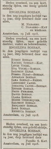 Rouwadvertenties voor Engelina Soesan, 14 jaar oud. Bron: Weekblad van den algemeenen nederlandschen diamantbewerkersbond, jrg 24, 1918, no. 31, 02-08-1918  