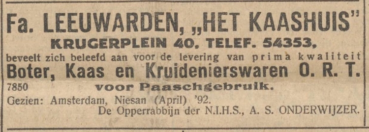 Advertentie van ‘Het Kaashuis’ op het Krugerplein 40, bron: het NIW van 20 april 1932  