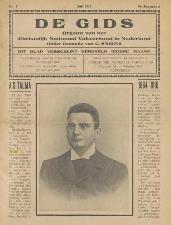 Voorblad van De Gids; orgaan van het Christelijk Nationaal Vakverbond in Nederland met een herdenking van S. Talma. Datering: jrg 8, 1916-1917, no. 1, 01-07-1916  