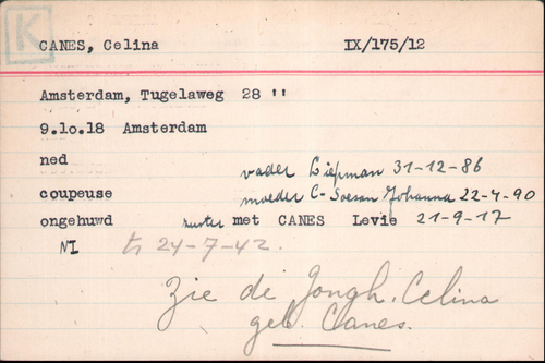 Kaart Joodse Raad van Celina Canes, bron: Arolsen Archives  