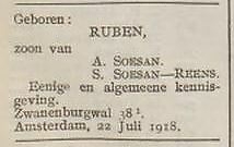 Geboortebericht van Ruben Soesan, bron: Weekblad van den ANDB, jrg 24, 1918, no. 30, 26-07-1918  