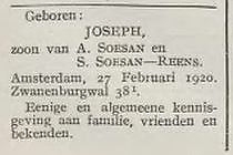 Geboortebericht van Joseph Soesan, bron: Weekblad van den ANDB, jrg 26, 1920, no. 10, 05-03-1920  