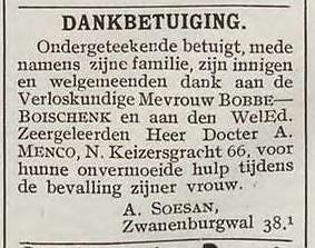 Dank aan arts en verloskundige i.v.m. moeilijke bevalling, bron: Weekblad van den ANDB, jrg 26, 1920, no. 10, 05-03-1920  
