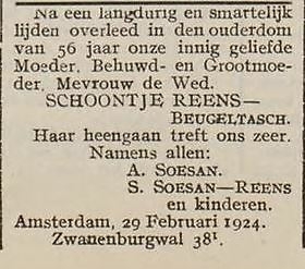 Bericht n.a.v. het overlijden van de moeder van Sara Soesan – Reens, bron: Weekblad van den ANDB, jrg 30, 1924, no. 10, 07-03-1924  