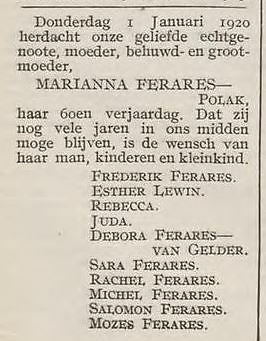 De zestigste verjaardag van Marianna Ferares – Polak, bron: Weekblad van den algemeenen nederlandschen diamantbewerkersbond, jrg 26, 1920, no. 1, 01-01-1920  