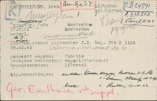 Joodse Raadkaart van zoon Aron Ossendrijver, bron: Arolsen Archives  