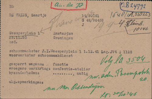 Joodse Raadkaart van schoondochter Saartje Ossendrijver – de Vries, bron: Arolsen Archives  
