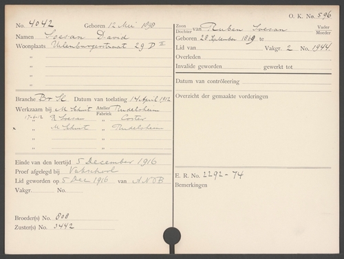 Leerlingenkaart van David Soesan van de ANDB, bron: archief ANDB – IISG  
