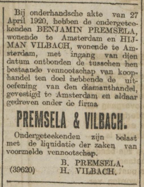 Bericht over ‘de liquidatie’ van de firma Premsela & Vilbach, bron: Het Alg. Handelsblad van 30 mei 1920  