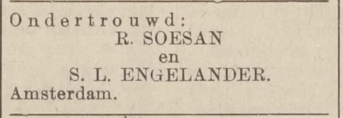 Bericht van de ondertrouw van Ruben Soesan en Sara Lina Engelander, bron: Centraal Blad voor Isr. in Ned. van 19 jan. 1939  