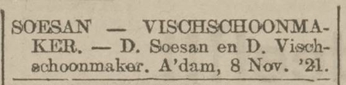 Aankondiging ondertrouw David Soesen en Debora Vischschoonmaker, bron: Centraal Blad voor Isr. In Nederland van 11 nov. 1921  