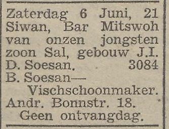 Aankondiging van de Bar Mitswoh van Salomon Soesan, bron: Het joodsche weekblad; uitgave van den joodschen raad voor amsterdam, jrg 2, 1942, no. 9, 05-06-1942  