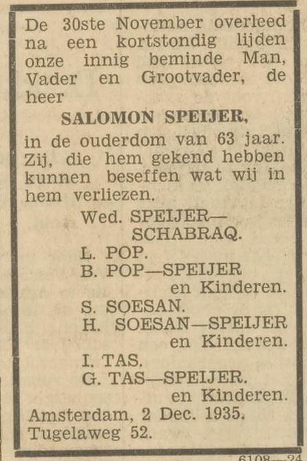 Familiebericht van het overlijden van Salomon Speijer, bron: Het Volk van 2 dec. 1935   