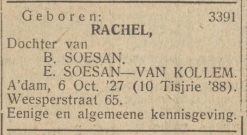 Geboortebericht van dochter Rachel, bron: het NIW van 14 okt. 1927  