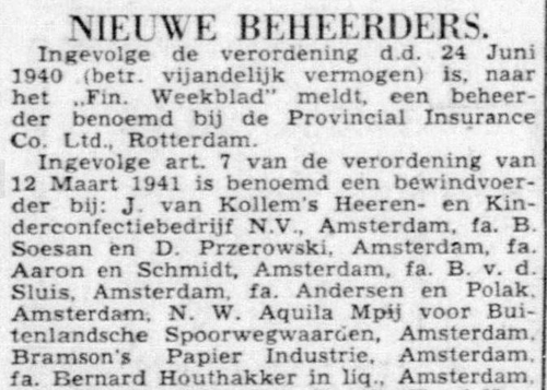 Beheerder voor Joodse bedrijven, dus ook voor Soesan en Przekowski, bron: De Telegraaf van 10 nov. 1941  