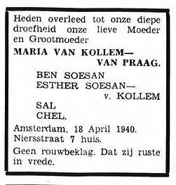 Familiebericht n.a.v. het overlijden van de moeder van Esther van Kollem, bron: Het Volk van 18 april 1940  